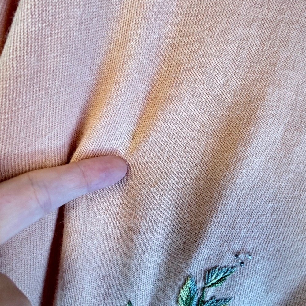 Vintage Embroidered Beaded Cardigan L Peach Ramie/Rayon 3D Ribbon Floral Whimsy - Picture 6 of 16